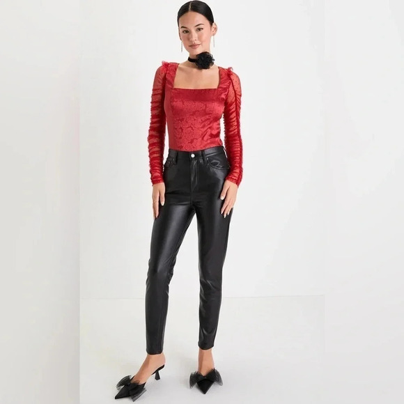 Lulus Red Floral Jacquard Satin Mesh Ruched Bodysuit - Picture 4 of 9